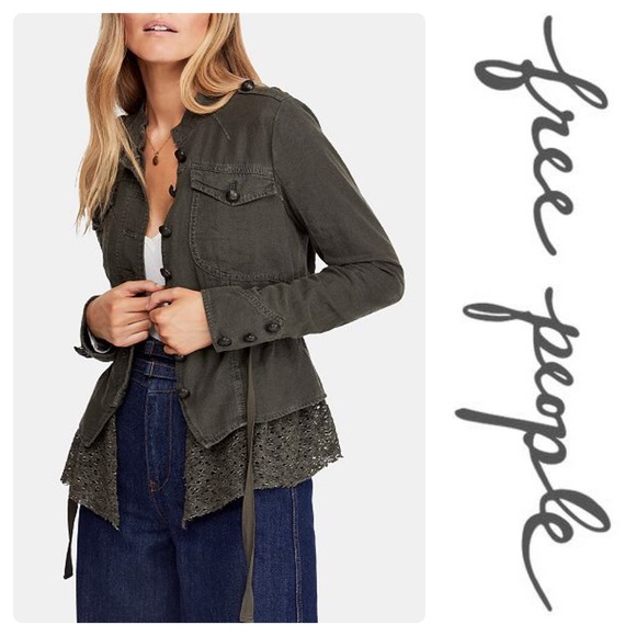 Free People Emilia Lace-Trim Tie-Waist Jacket Moss - Picture 3 of 6